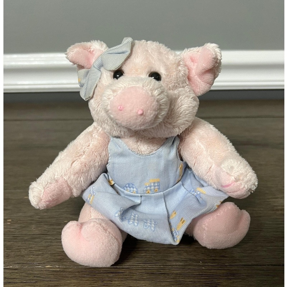 Vtg 1999 Chrisha Playful Plush Pig Stuffed Animal Blue Dress Bow Pink Piggy Toy